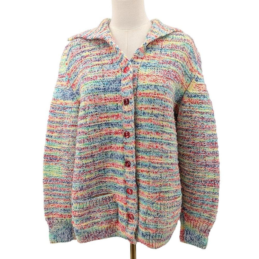 Handmade Rainbow Space Dye Knit Cardigan Sweater Oversized Boho‎ Cottagecore
